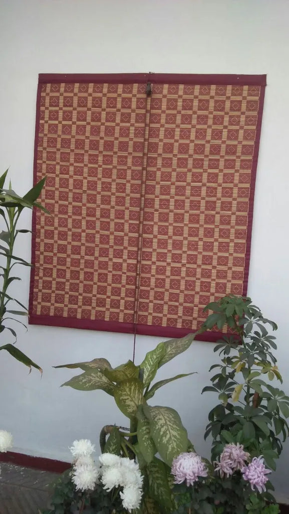 Maroon Bamboo Roller Blind Hand Drawn On Window